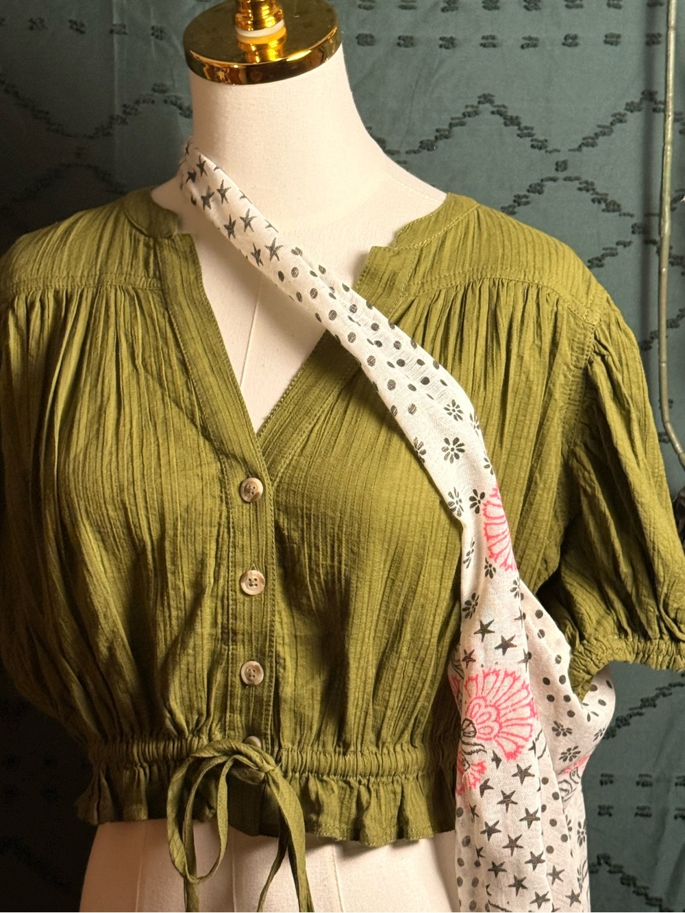 Free People Olive Cropped Button-Front Blouse